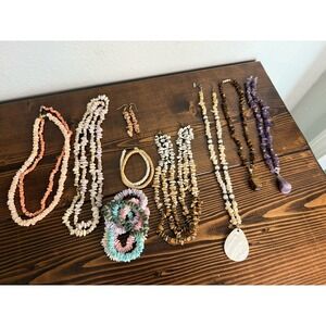 Vintage Lot Of Beaded Stone Jewelry Amethyst Turquoise Shell Tigers Eye